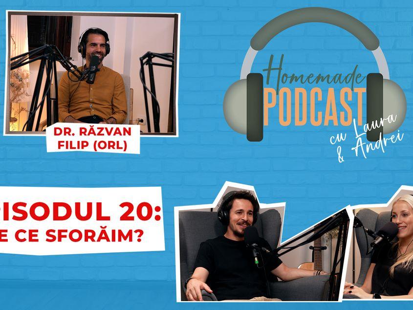 Invitat la Homemade Podcast, Răzvan Filip, medic specialist ORL, explică de unde vine sforăitul, cât de complexă e problema și cum poate fi cel mai bine rezolvată, mai ales când este afectată calitatea somnului. Și mai ales când se plânge partenerul/partenera de asta. Foto: Homemade Podcast