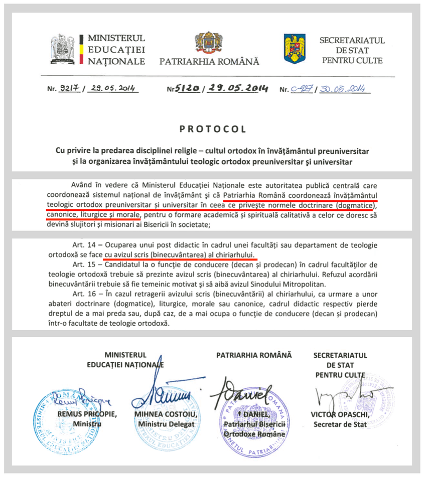 Protocolul încheiat în 2014 face referire la învățământul teologic ortodox și prevede obligativitatea binecuvântării pentru ocuparea unui post didactic. În protocol nu este menționată nicăieri obligativitatea binecuvântării pentru instituții publice centrale ale statului român.