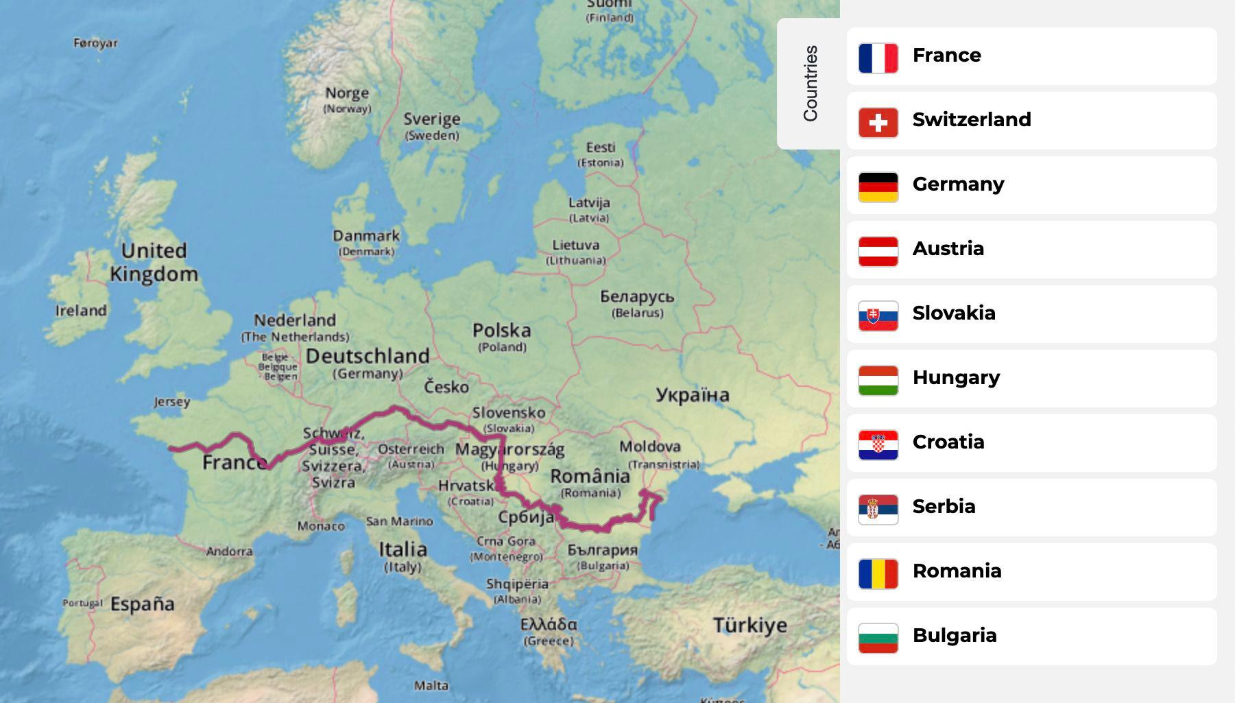 Traseul EuroVelo 6 trece prin zece țări.