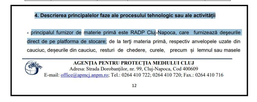 Screenshot din documentul care însoțește autorizația de mediu eliberată de Agenția pentru Protecția Mediului Cluj. 