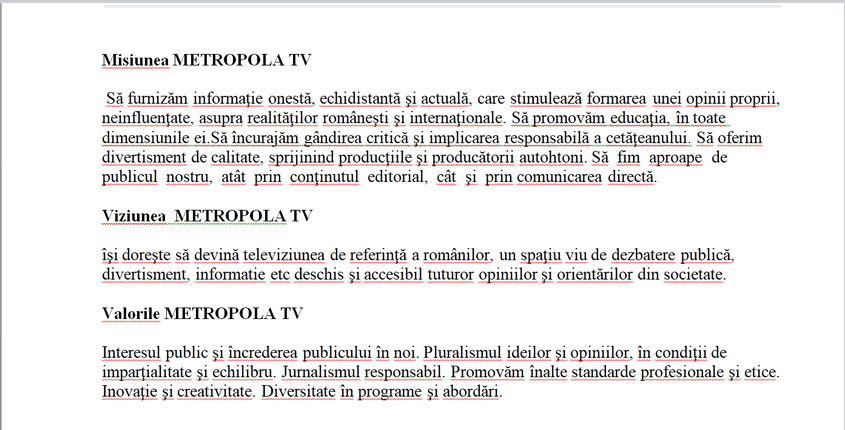 Fragment din strategia editorială a televiziunii din Voluntari, prezentată CNA 