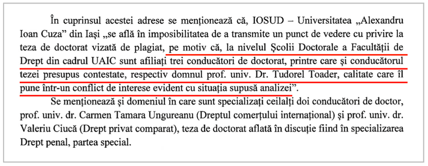 Fragment din documentul CEMU din 25.07.2019 în care este analizat argumentul presupusului „conflict de interese”