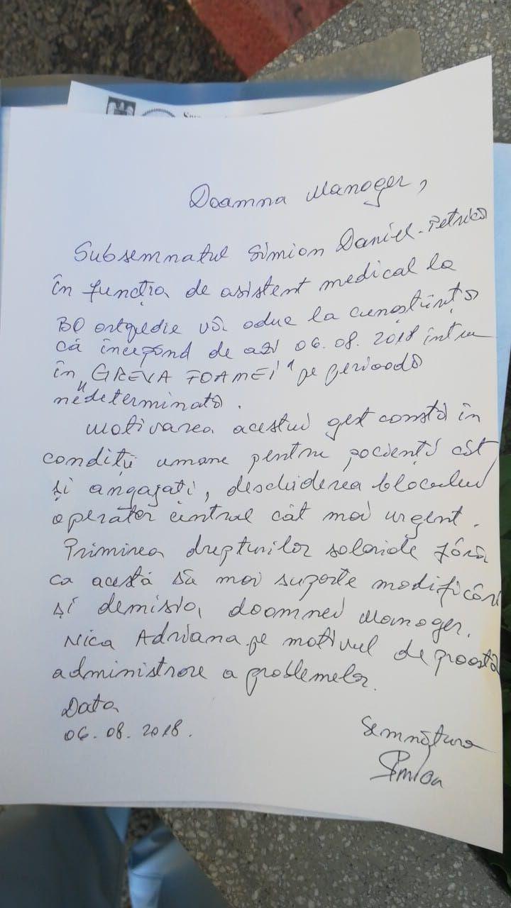 Scrisoarea prin care asistentul Daniel Simion a anunțat că intră în greva foamei. Sursa foto: Facebook