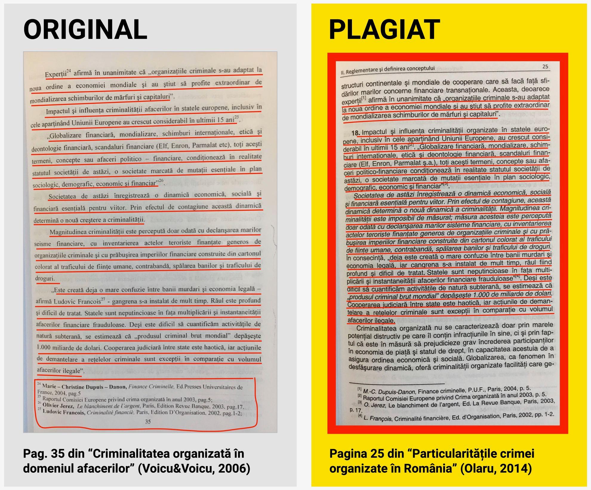 Două exemple care arată că procurorul Codruț Olaru a preluat în teza sa de doctorat, mot-à-mot, nu doar pagini întregi scrise de alți autori, ci și formulările acestora din notele de subsol