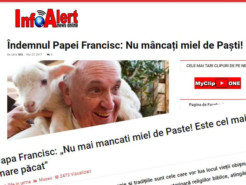 Două mostre de pe site-uri românești ale "știrii" că Papa Francisc ar recomanda să nu se mănânce miel.