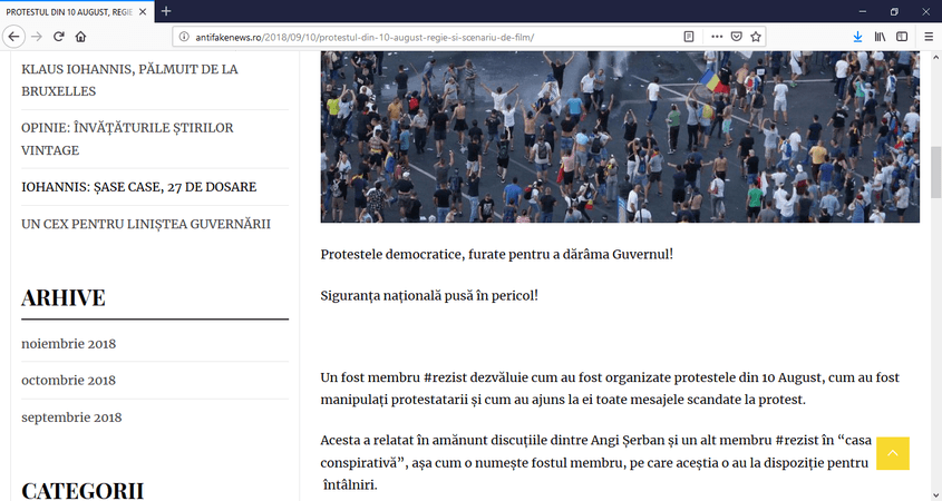 Printscreen al articolului despre mitingul din 10 august.