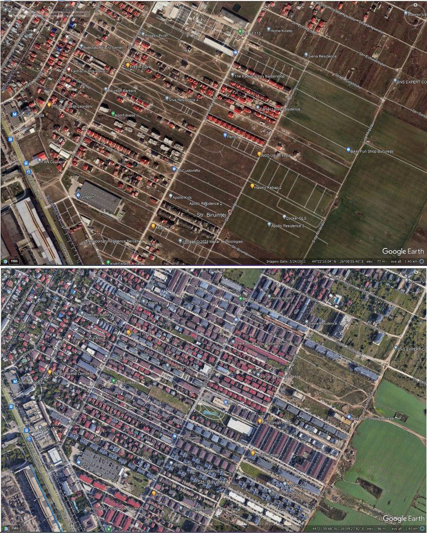 Sus: Popești-Leordeni în 2011. Jos: Popești-Leordeni în 2024. Capturi foto via Google Earth