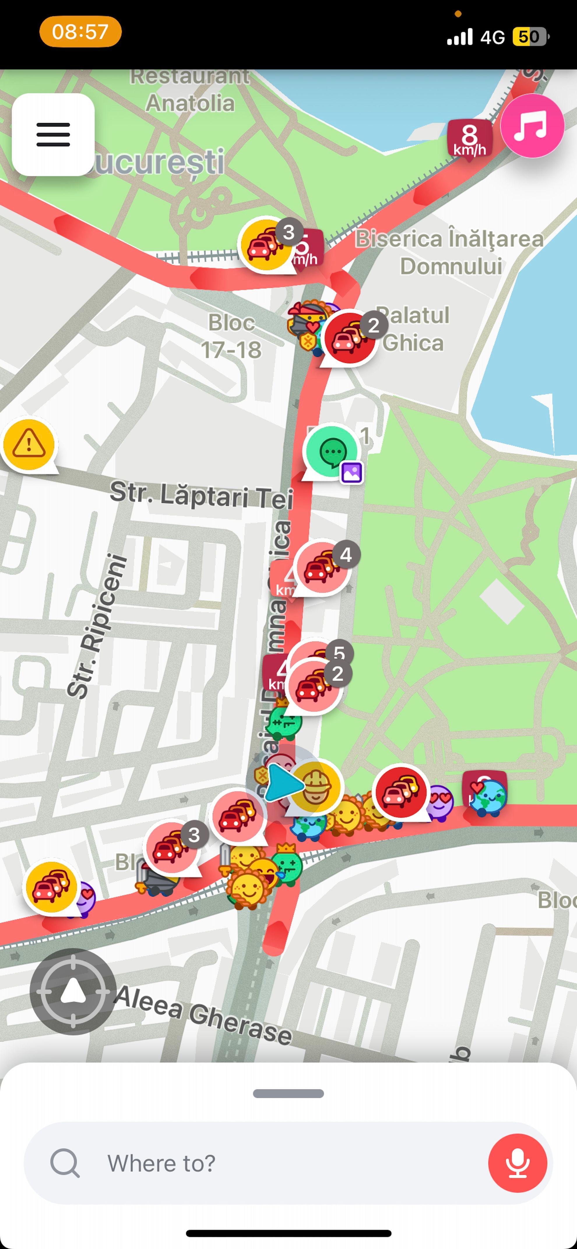 La ora 9:00, pe pasajul de la Doamna Ghica se circula cu aproximativ 4km/h. Situația nu era diferită nici în intersecțiile din jur. Foto: captură Waze