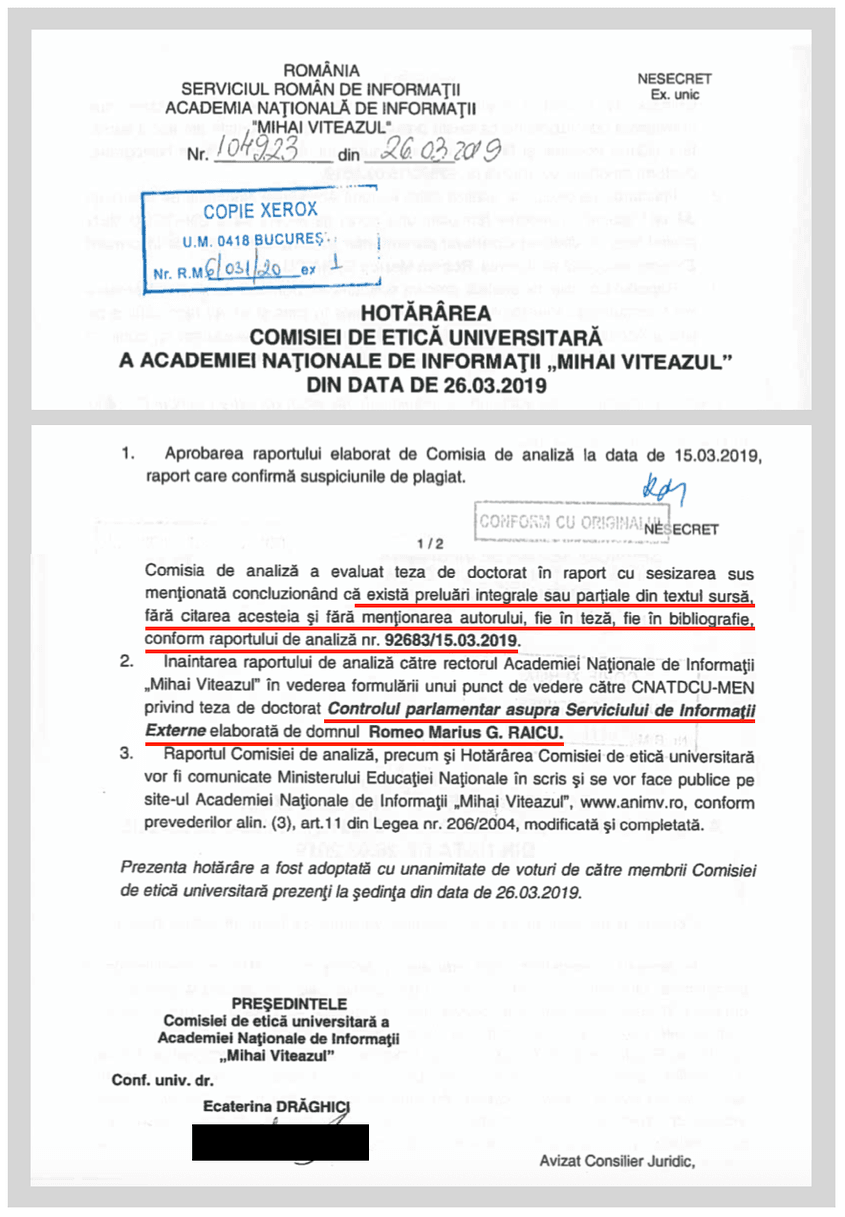 Romeo Raicu, șef al comisiei de control parlamentar al SIE, și-a plagiat teza de doctorat cu titlul “Controlul parlamentar asupra Serviciului de Informații Externe”.
