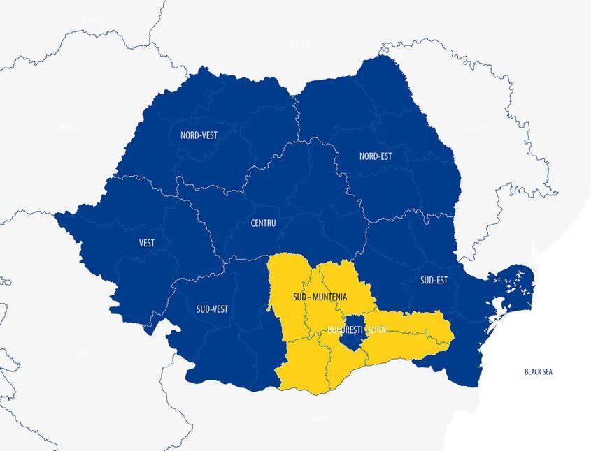 Harta județelor parte din Regiunea Sud Muntenia. Foto: Ministerul Investițiilor și Proiectelor Europene