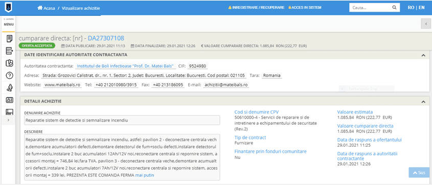 Captură din SEAP cu achiziția de <em>„Reparație sistem de detecție și semnalizare incendiu</em>”.