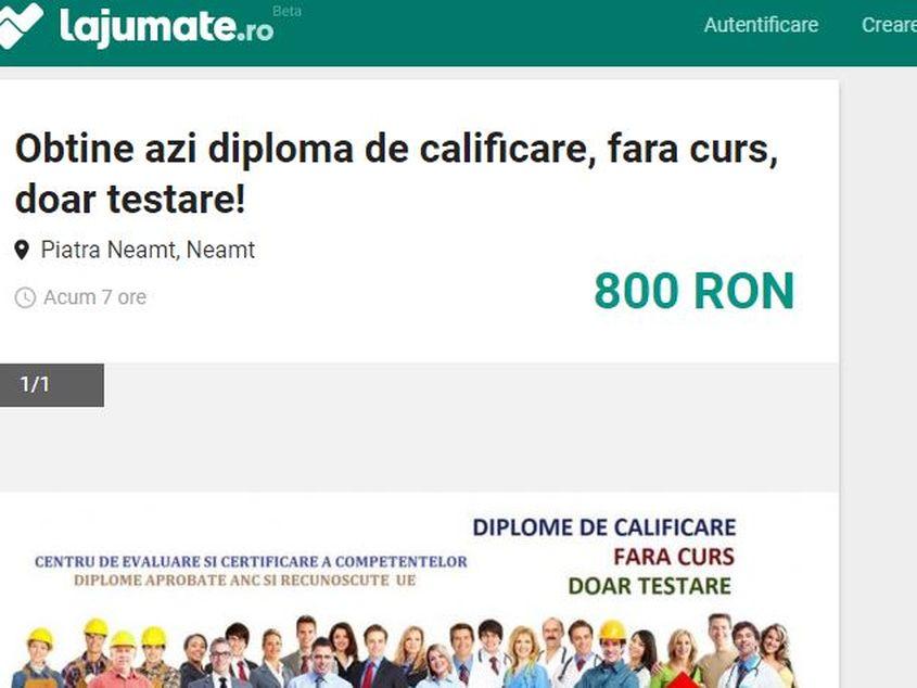 Ofertă specială: 800 de lei pentru o "diplomă fără curs". Sursa: captura lajumate.ro