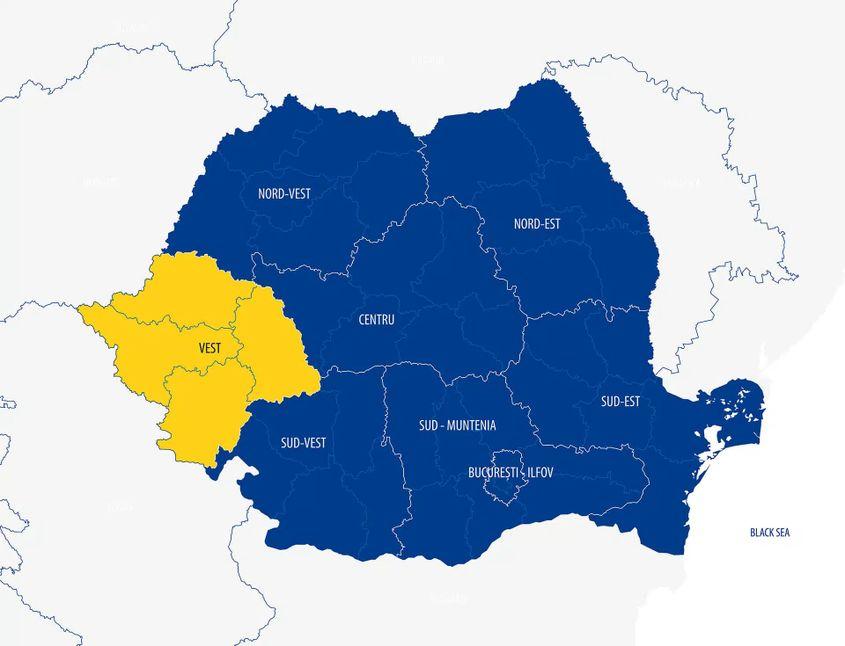 Harta județelor parte din Regiunea Vest. Foto: Ministerul Investițiilor și Proiectelor Europene