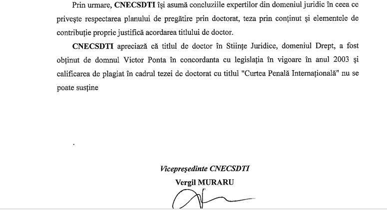 Semnătura lui Vergil Muraru pe verdictul CNE în cazul Ponta.