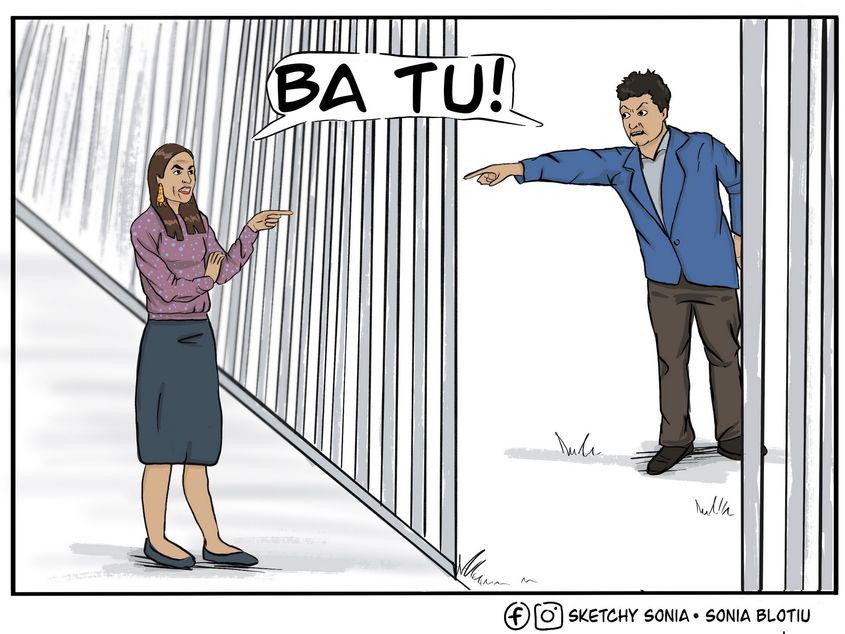 Noul val practică stilul de comunicare cunoscut sub numele de „lătrat prin gard”.

Caricatură de Sonia Bloțiu / Sketchy Sonia