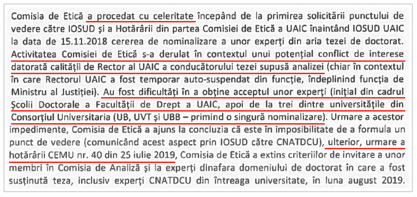 Fragment din hotărârea Comisiei de Etică a UAIC din 30 august, în care aceasta menționează potențialul conflict de interese “datorat calității de rector a UAIC a conducătorului tezei supuse analizei”