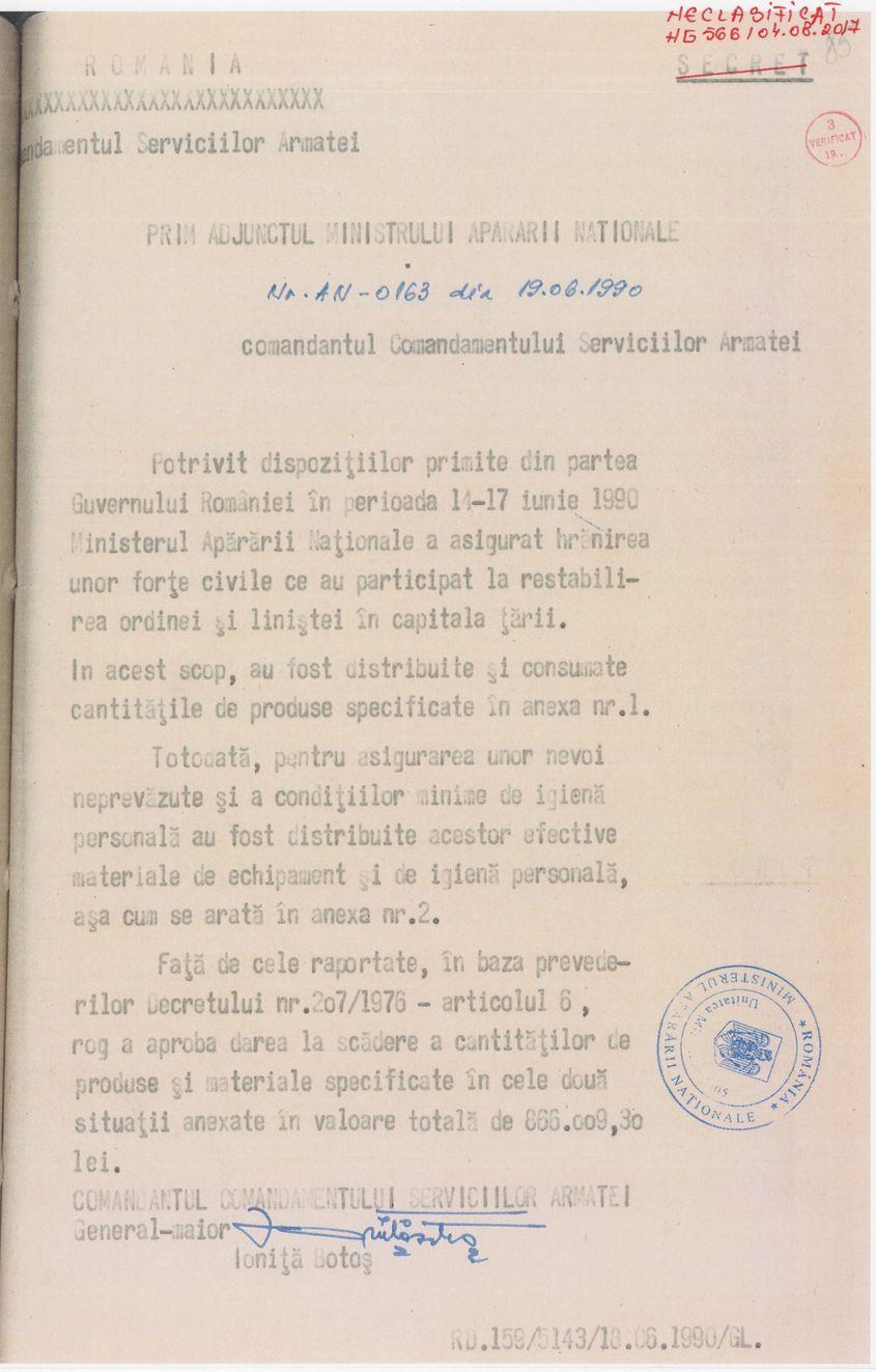 Adresa a fost înregistrată la cabinetul prim-adjunctului ministrului în data de 19 iunie 1990.