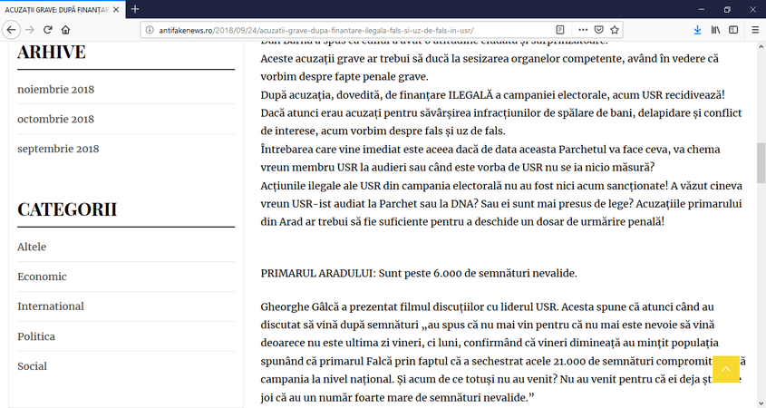 Printscreen cu articolul despre semnăturile strânse de USR.