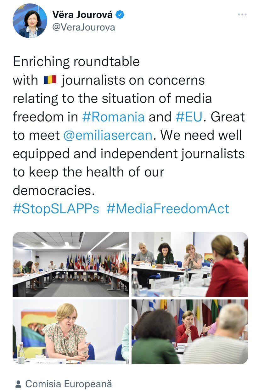 Věra Jourová, vicepreședintele Comisiei Europene pentru valori și transparență, fost comisar european pentru Justiție, declara că „nu le putem permite celor care încearcă să îi reducă la tăcere [pe ziariști] să câștige. Bogăția și puterea nu pot pune pe nimeni mai presus de adevăr”, în contextul campaniei de denigrare a Emiliei Șercan, în urma dezvăluirilor de plagiat ale premierului.
