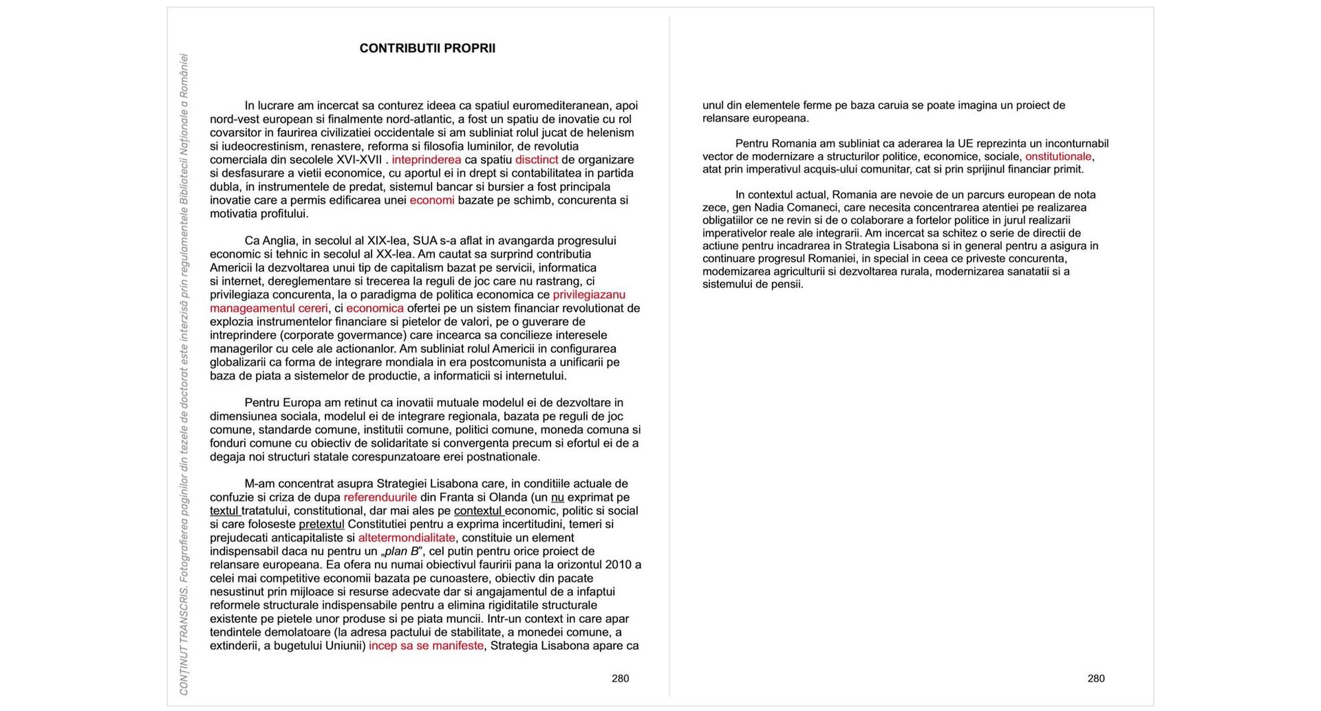 The two pages titled "OWN CONTRIBUTIONS" from Mircea Geoană's doctoral thesis (pp. 280-281). The regulations of the National Library of Romania do not allow photographing pages from doctoral theses, and the content in the image is transcribed exactly as in the original (lack of diacritics and spelling errors, marked in red by <strong>PressOne</strong>, belong to the author).