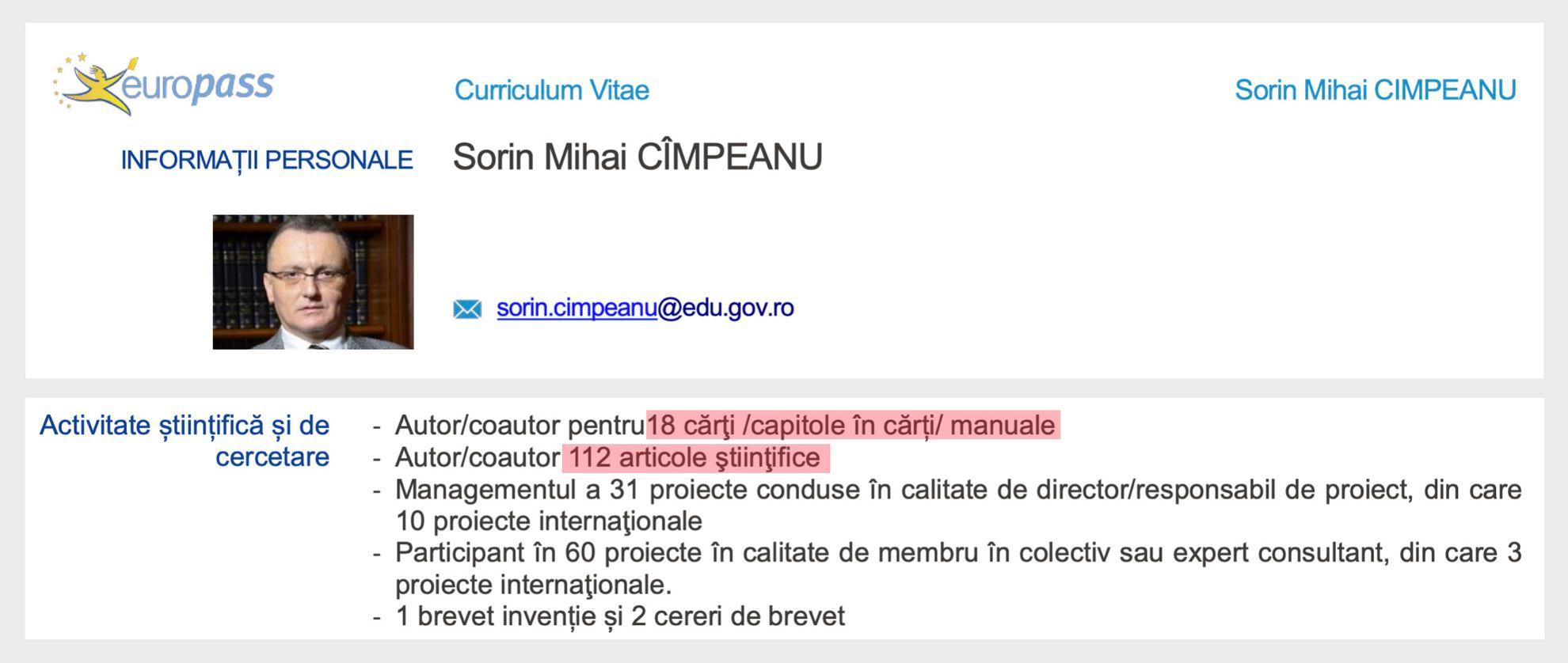 Fragment din CV-ul oficial al ministrului Educației, Sorin Cîmpeanu. SURSA: <a target="_blank" href="https://www.edu.ro/sites/default/files/_fi%C8%99iere/Minister/2021/Transparenta/echipa%20ME/CV_ro__Sorin_Mihai_Cimpeanu_ME.pdf">Guvernul României</a>