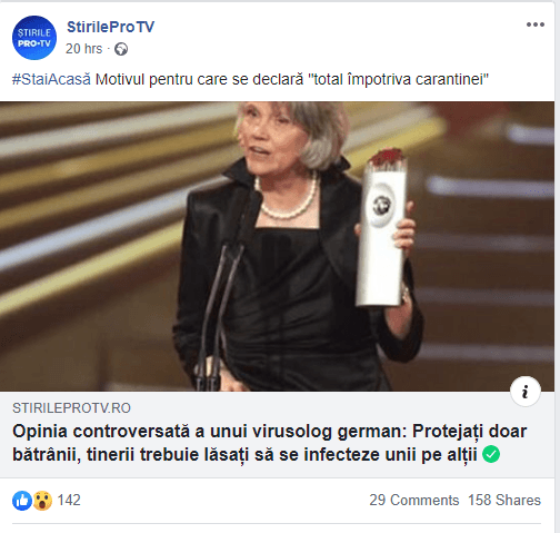 Postarea de pe pagina de Facebook Știrile PRO TV