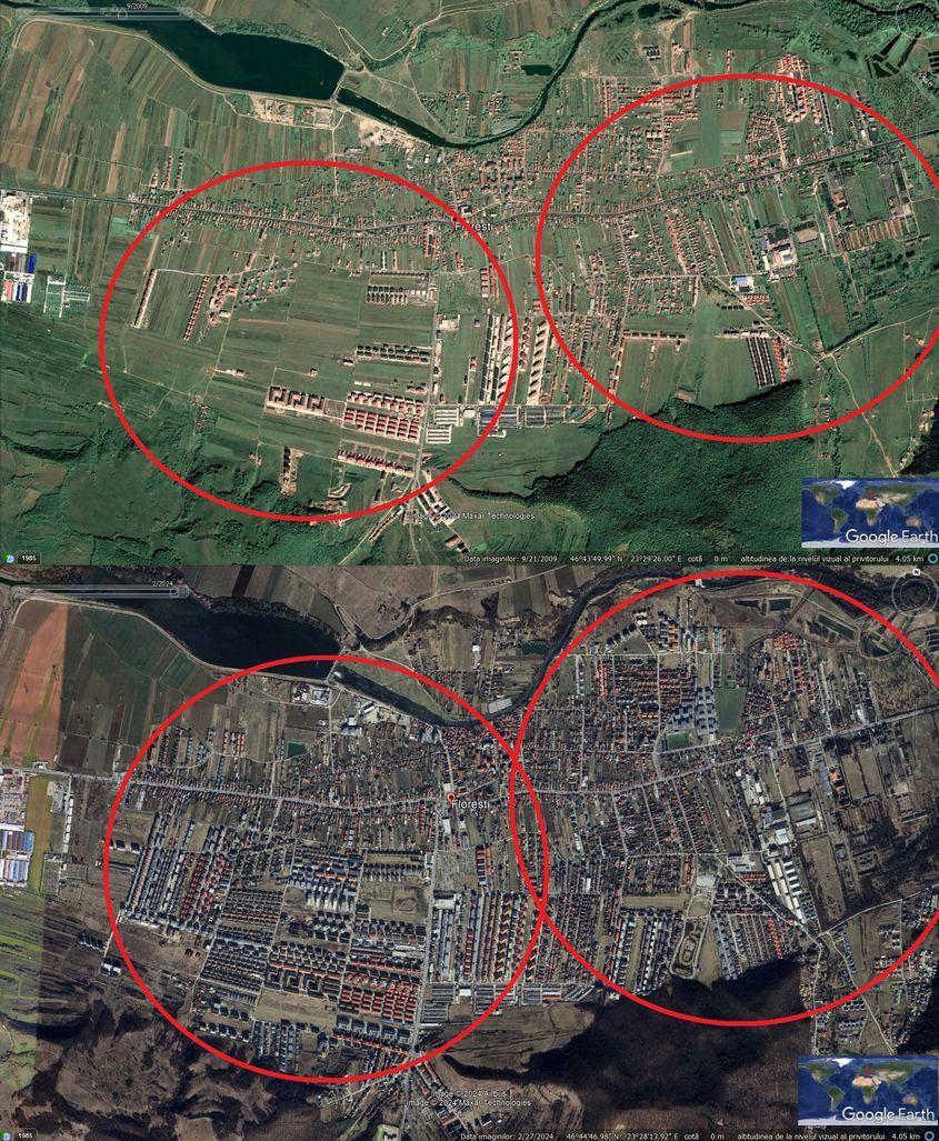 Florești în 2009 versus Florești în 2024. Capturi foto via Google Earth