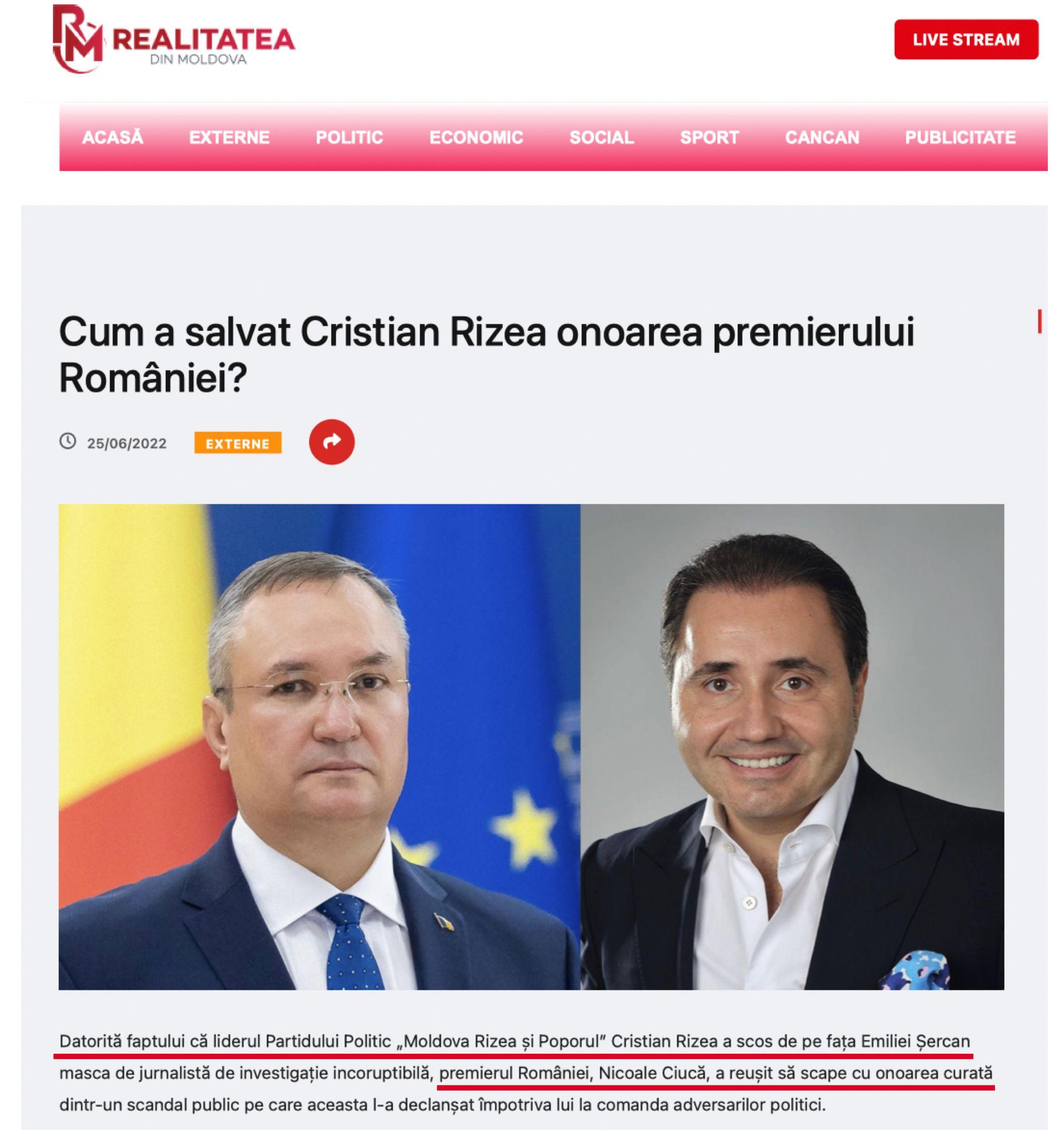 Screenshot from the website realitateadinmoldova[.]md, deactivated after owner Cristian Rizea was expelled from Moldova
