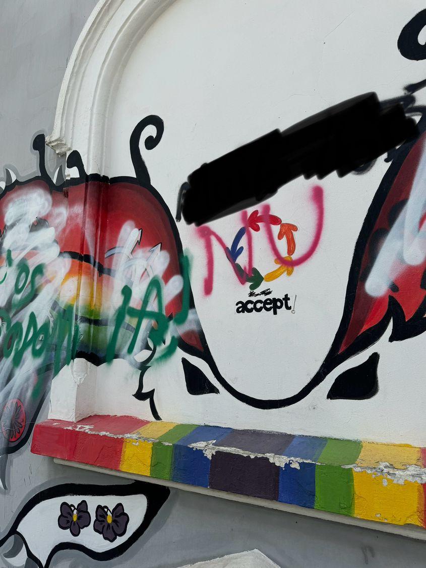 Pe zidul clădirii asociației Accept din București este un mural în culorile comunității LGBTQIA+. În timp, desenul a ajuns să fie vandalizat. PressOne a acoperit cuvintele obscene din fotografie. Foto: Laura Popa 