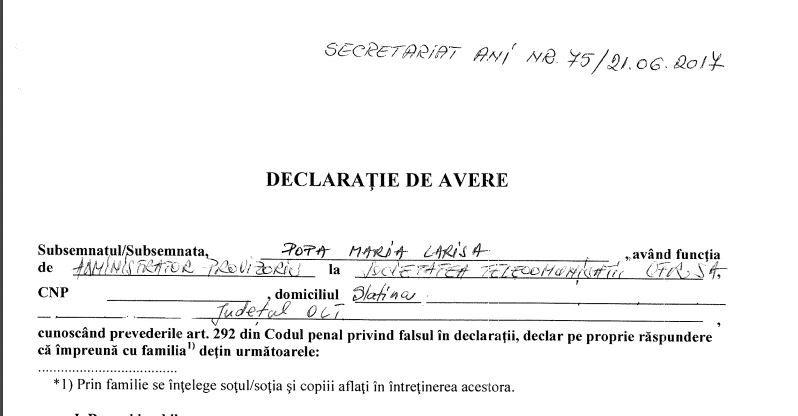 Facsimil din declarația de avere completată de Larisa Popa la 21 iunie 2017.