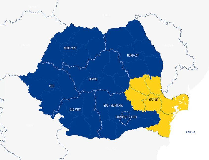 Harta județelor parte din Regiunea Sud-Est. Foto: Ministerul Investițiilor și Proiectelor Europene

