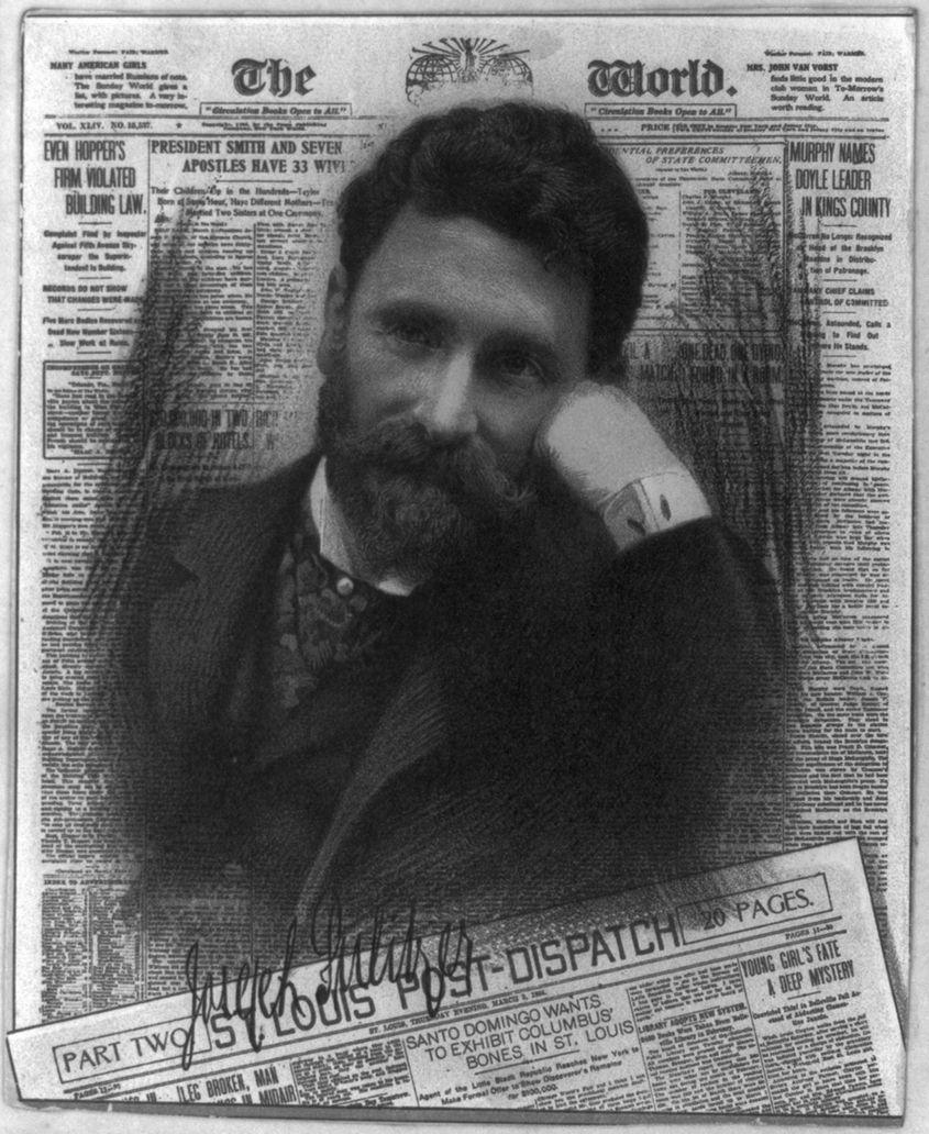 Cromolitografie (tehnică de secolul XIX de multiplicare și suprapunere a imaginilor) cu Joseph Pulitzer.