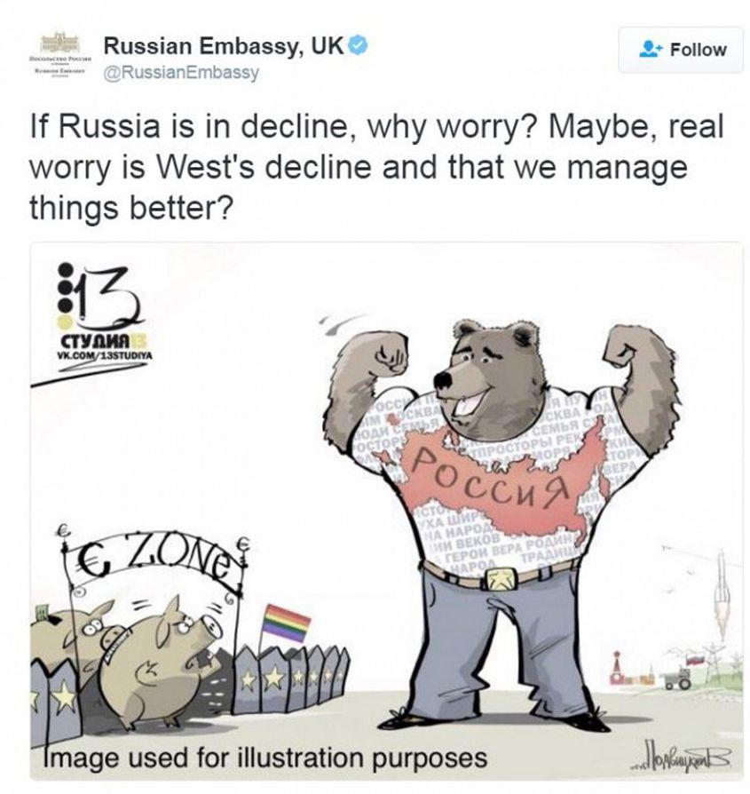 Tweet al ambasadei Rusiei de la Londra: „Dacă Rusia este în declin, de unde atâta îngrijorare? Sau poate adevărata problemă este declinul Vestului și că noi ne descurcăm mai bine?”