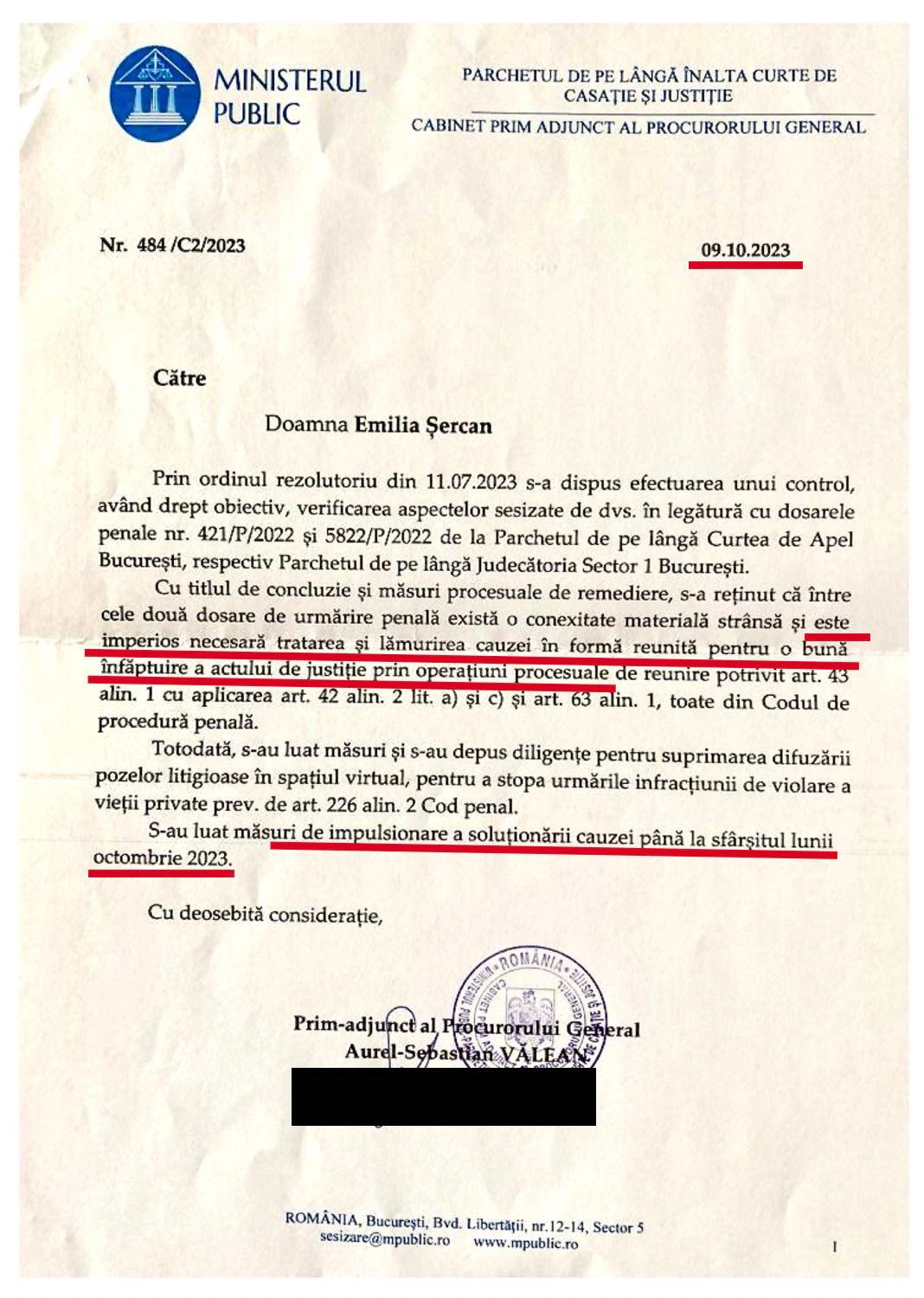 The October 9th document in which the First Deputy Prosecutor General informed me that he had asked Prosecutor Nicoleta Rotaru of the PCAB to solve the case "by the end of October 2023"
