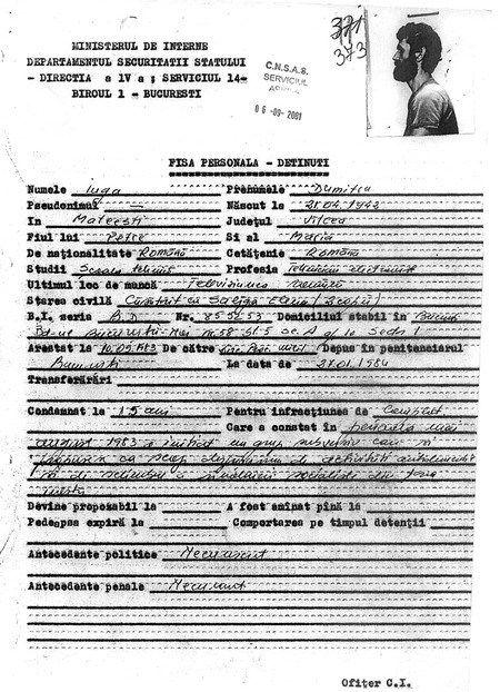 Fișa personală a deținutului Dumitru Iuga