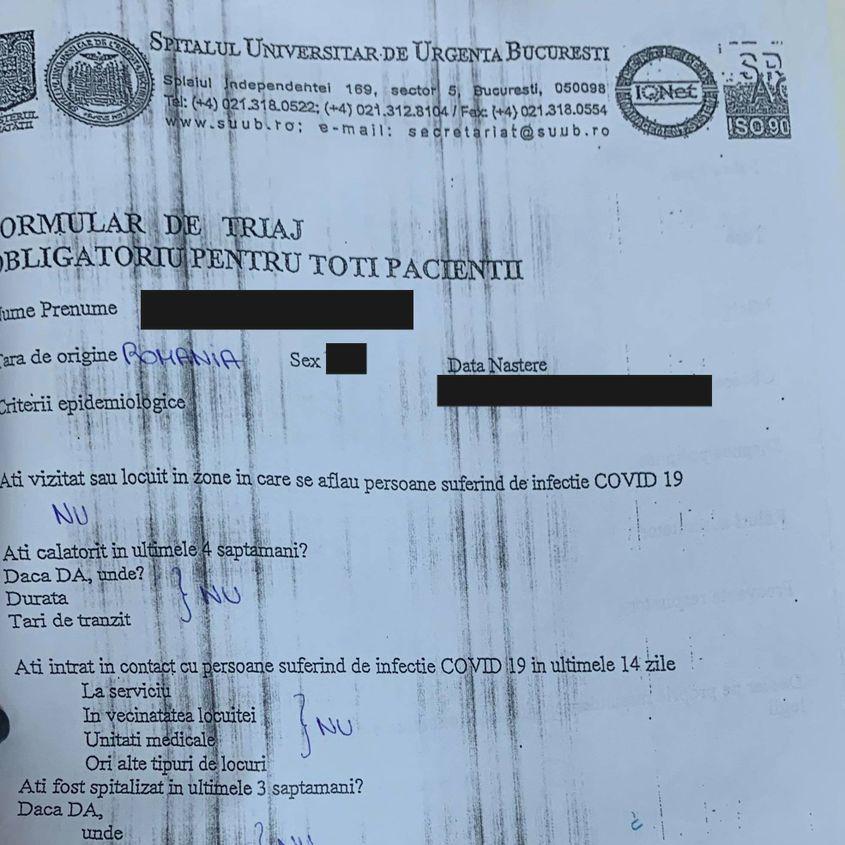 Formularul care se completează la Spitalul Universitar