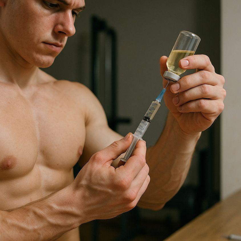 La un moment dat, Dragoș a ajuns să folosească combinații de mai multe substanțe. Dacă în mod normal și-ar fi injectat mililitri, acum folosea grame. Foto: ilustrație generată cu AI