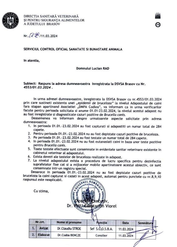 Răspunsul DSVSA Brașov în legătură cu sesizarea despre cazul de bruceloză