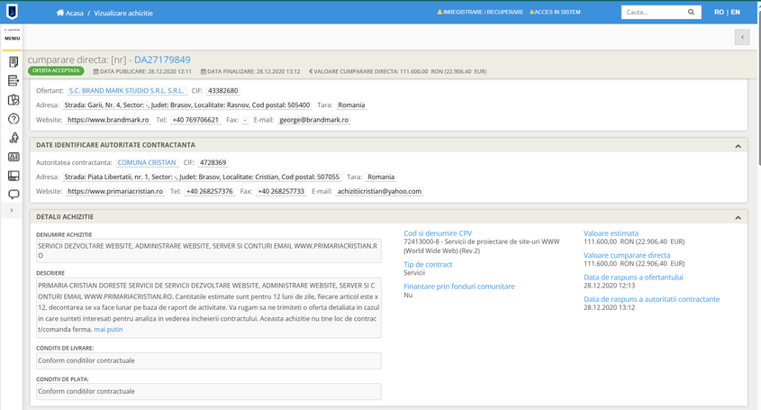 Prin firma Brand Mark Studio SRL, primăria solicită servicii de administrare și dezvoltare a unui site nou al primăriei, pe o perioadă de un an, deși la specificații menționează că plătește pentru articole. Foto: PressOne