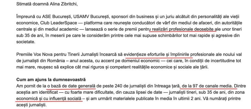 <em>E-mailul trimis de Club LeaderSpace. Organizatorii spun că informațiile au fost culese din surse publice. Rămâne neclar de ce o organizație privată de business își construiește o bază de date cu jurnaliști, ce criterii au fost folosit pentru selecție și ce înseamnă, concret, „influență socială”.</em>