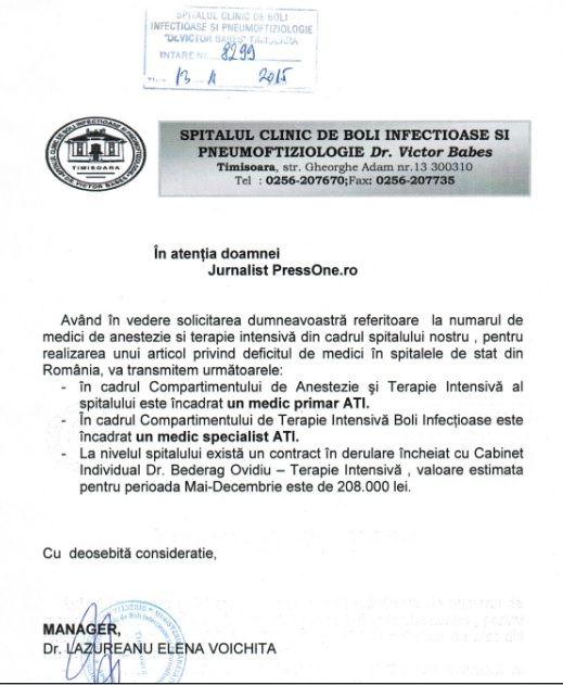 Răspunsul Spitalului „Dr. Victor Babeș”.