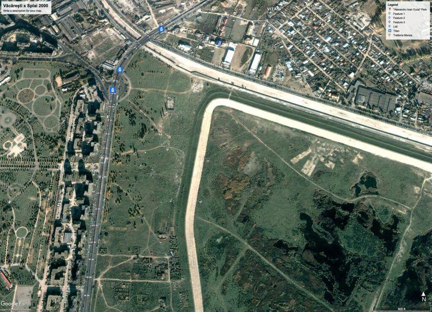 În 2000, pe porțiunea de spațiu verde delimitată de Calea Văcărești și Splaiul Unirii nu era construit nimic. Foto: Google Earth