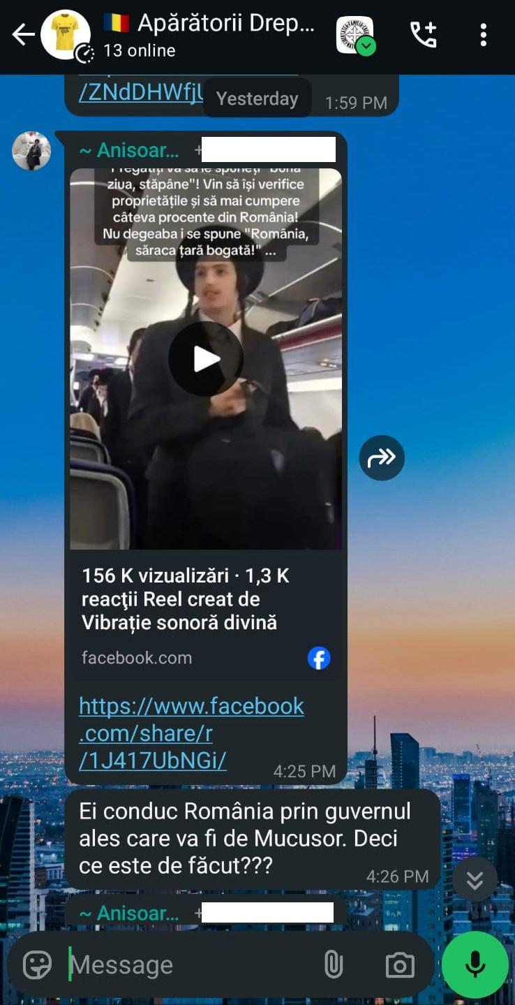 Doamna Anișoara crede că Nicușor Dan a fost pus președinte de evrei. Captură de ecran via WhatsApp