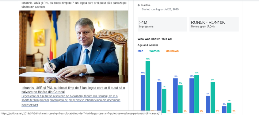 Informația potrivit căreia Klaus Iohannis, USR și PNL sunt vinovați pentru moartea fetei din Caracal a fost văzut de aproape 1 milion de ori în ultimele zile