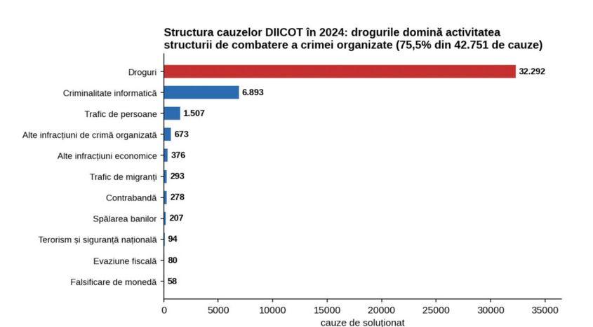 <em>Structura cauzelor de soluționat ale DIICOT în anul 2024, pe tipuri de infracțiuni. Sursa: DIICOT, Raportul de activitate 2024.</em>