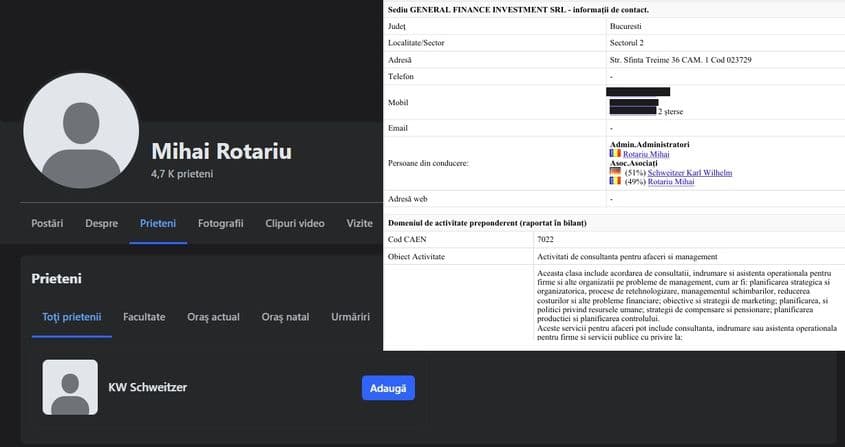 Rotariu și Karl Wilhelm Schweitzer sunt parteneri atât pe Facebook, cât și în afaceri. Capturi de ecran via Facebook și listafirme.ro