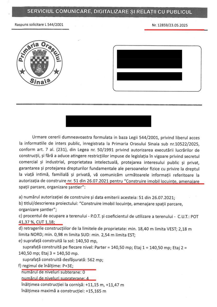 Într-un răspuns datat în 2025, Primăria Sinaia transmite că a autorizat o construcție cu înălțimea de patru niveluri supraterane: P+3P, la aceeași adresă, deși e vorba de aceeași autorizație emisă în 2021.