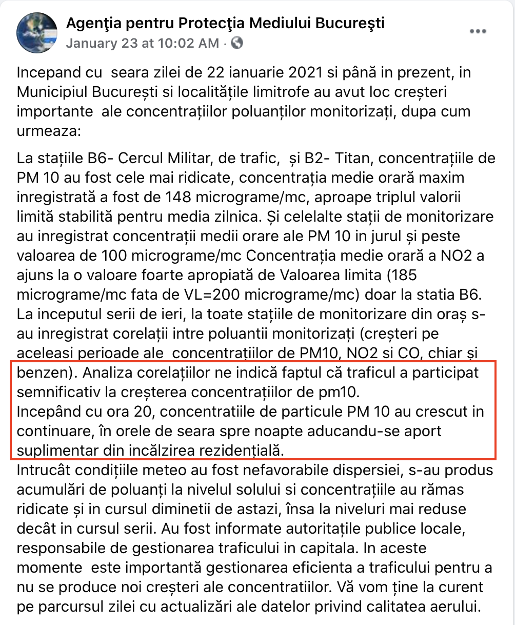 Explicația autorităților de mediu din București pentru poluarea înregistrată pe 22 ianuarie. Foto: Facebook APMB
