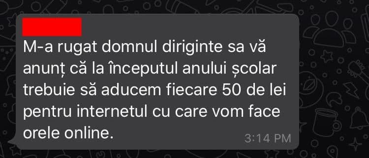 Mesaj primit de la dirigintele Constantin Istrate prin intermediul șefei clasei a X-a, profil mate-info