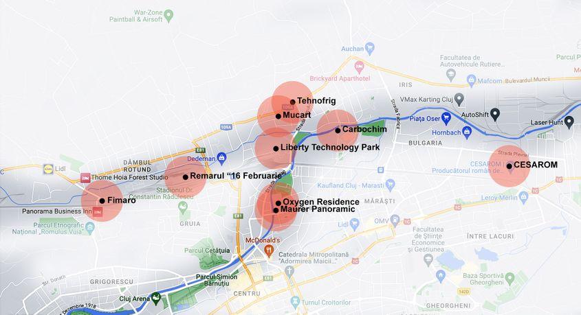 O parte din zonele de reurbanizare de pe malul Someșului Mic, situate pe amplasamentele fostelor platforme industriale din Cluj-Napoca